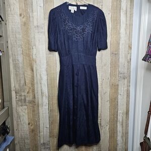 Vintage Karin Stevens Blue Floral Lace Satin Midi Dress Size 14 Short Sleeves